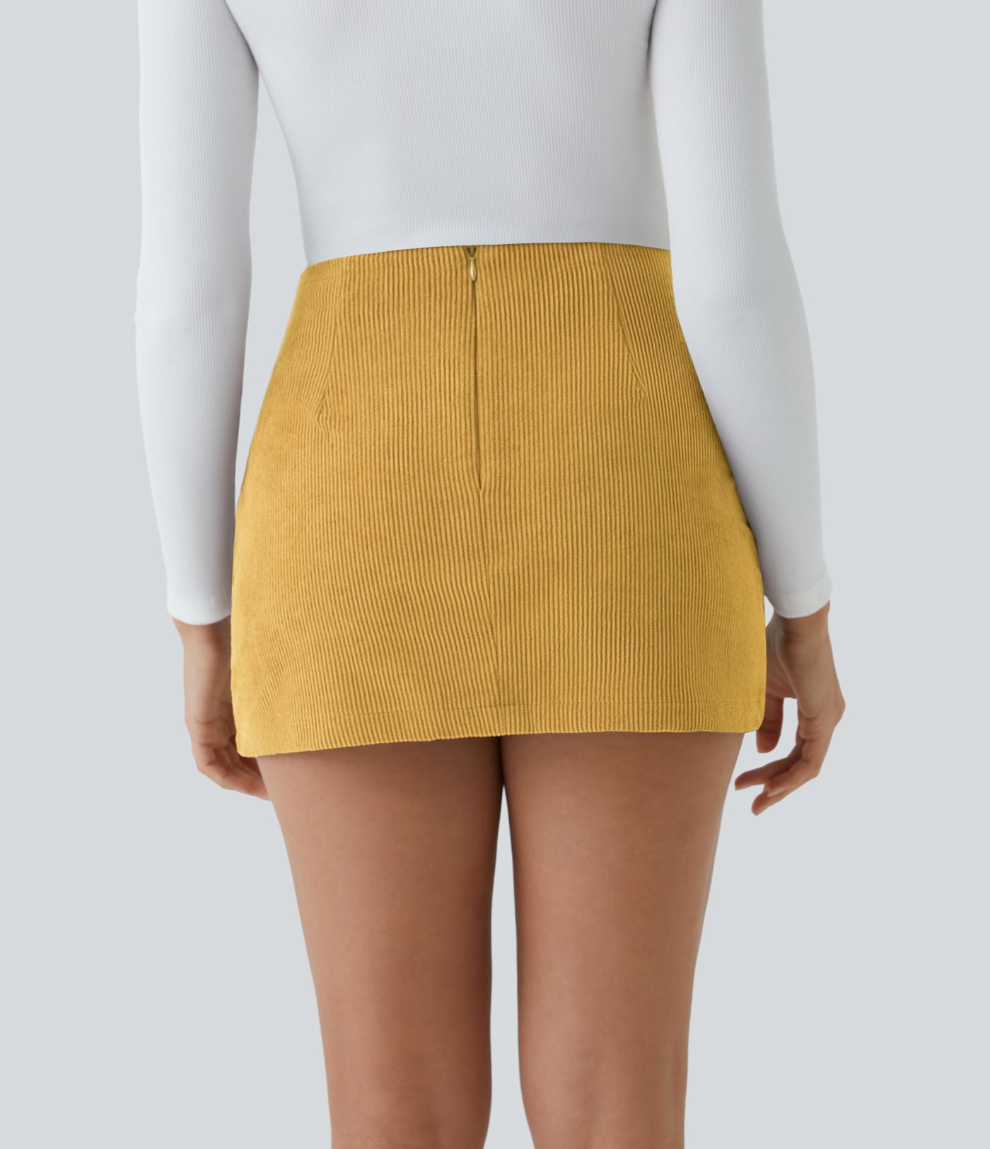 Mini-Jupe Casual en Velours Côtelé 2 en 1 Fermeture Éclair Invisible Taille Haute