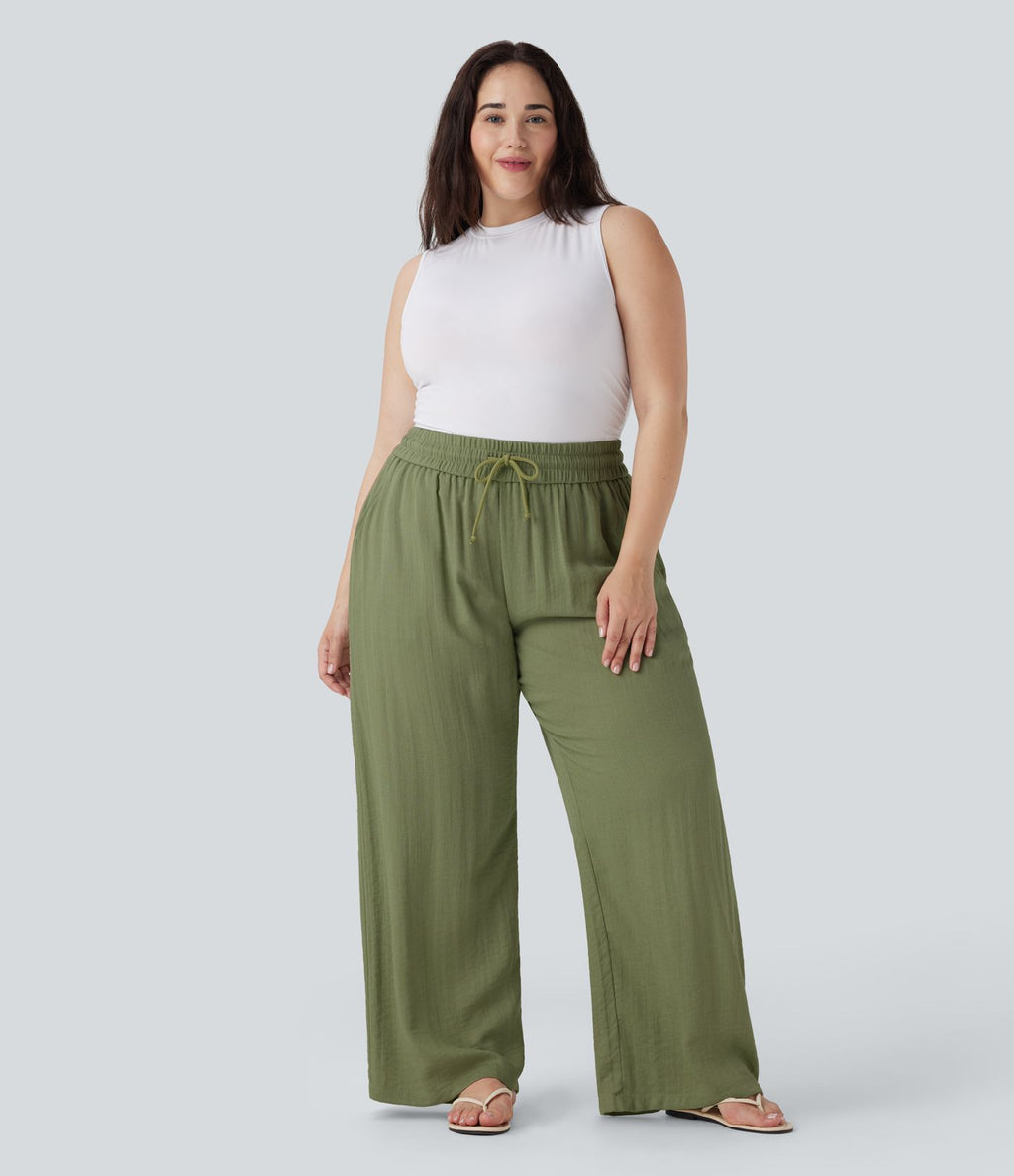 Pantalon décontracté grande taille large fluide taille haute effet lin avec cordon de serrage et poches