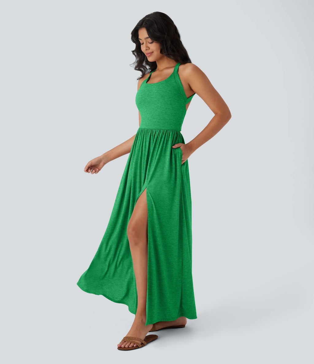 Robe longue fluide fendue avec poches latérales, dos nu et effet torsadé