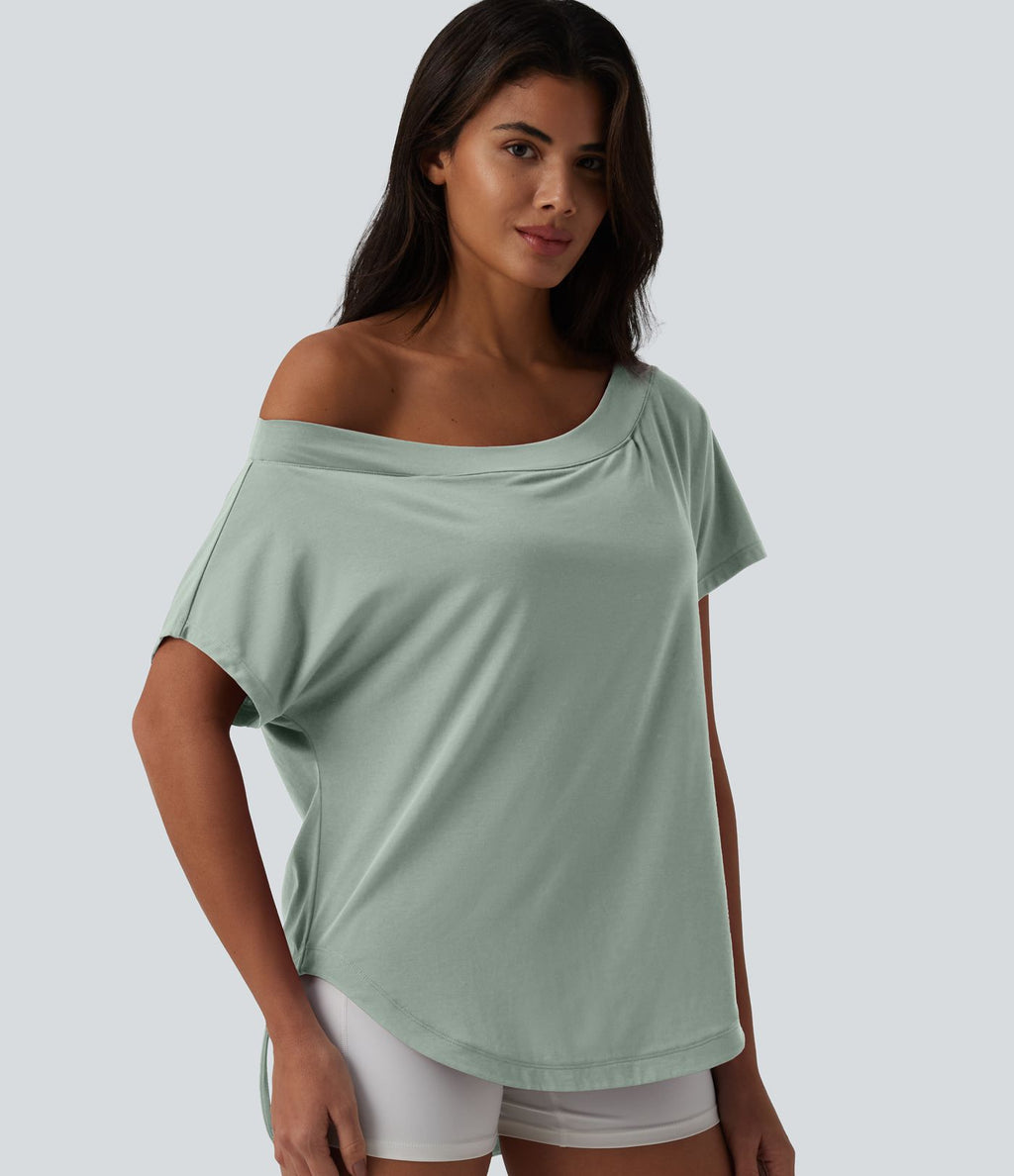 Top de sport yoga asymétrique à épaule dénudée manches courtes ourlet arrondi et coupe asymétrique à séchage rapide – Soutien-gorge intégré