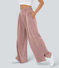 Pantalon Large Casual Taille Haute Boutonnés Fermeture Éclair Plissé Poches Latérales Ourlet Fendu