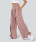 Pantalon Large Casual Taille Haute Boutonnés Fermeture Éclair Plissé Poches Latérales Ourlet Fendu