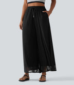 Pantalon large fluide décontracté mesh taille haute avec cordon de serrage et poches