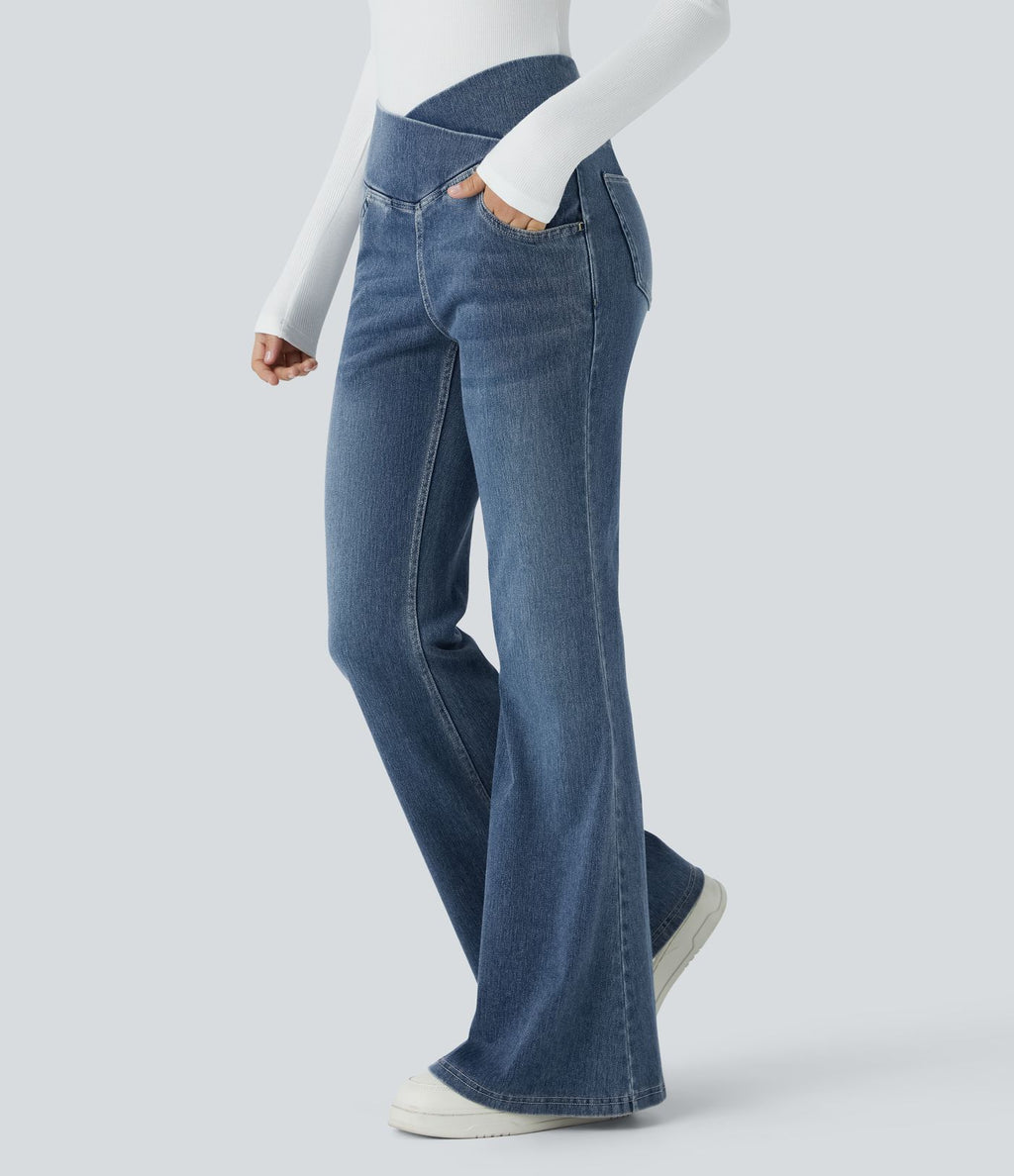 Halara Flex™ Jean Évasé à Taille Haute avec Poche Crossover Tissu Élastique Lavé