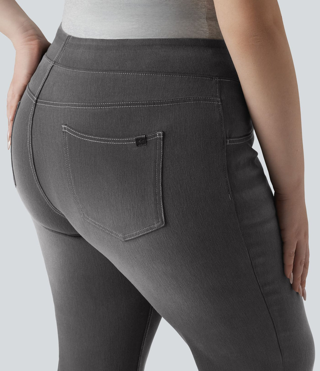 Jean décontracté Halara Flex™ grande taille bootcut taille haute en maille extensible délavée avec multiples poches