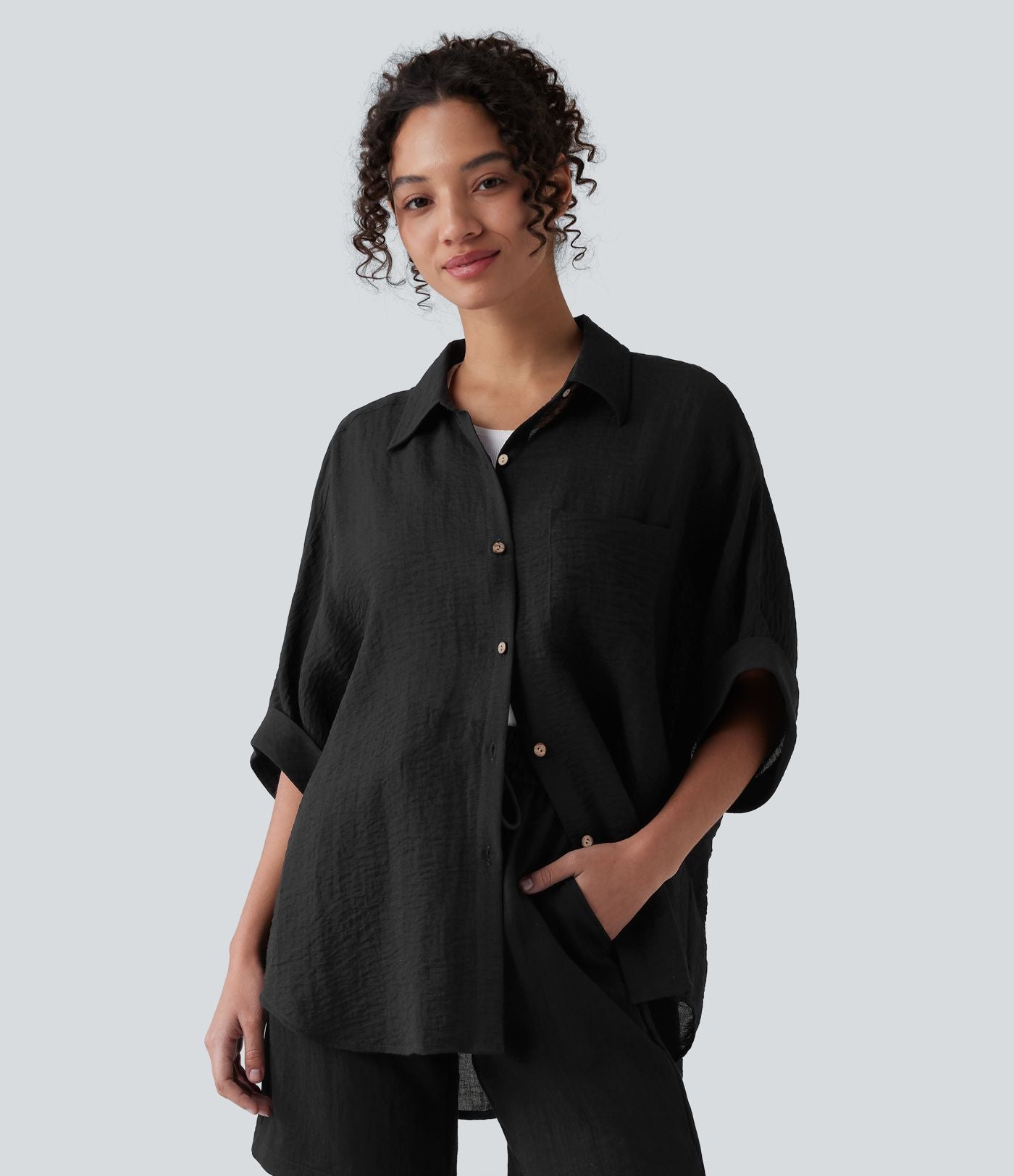 Chemise décontractée effet lin à manches mi-longues avec poche