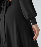 Robe longue de demoiselle d'honneur et invitée de mariage, col V, dos nu, liens à nouer, boutons et manches évasées