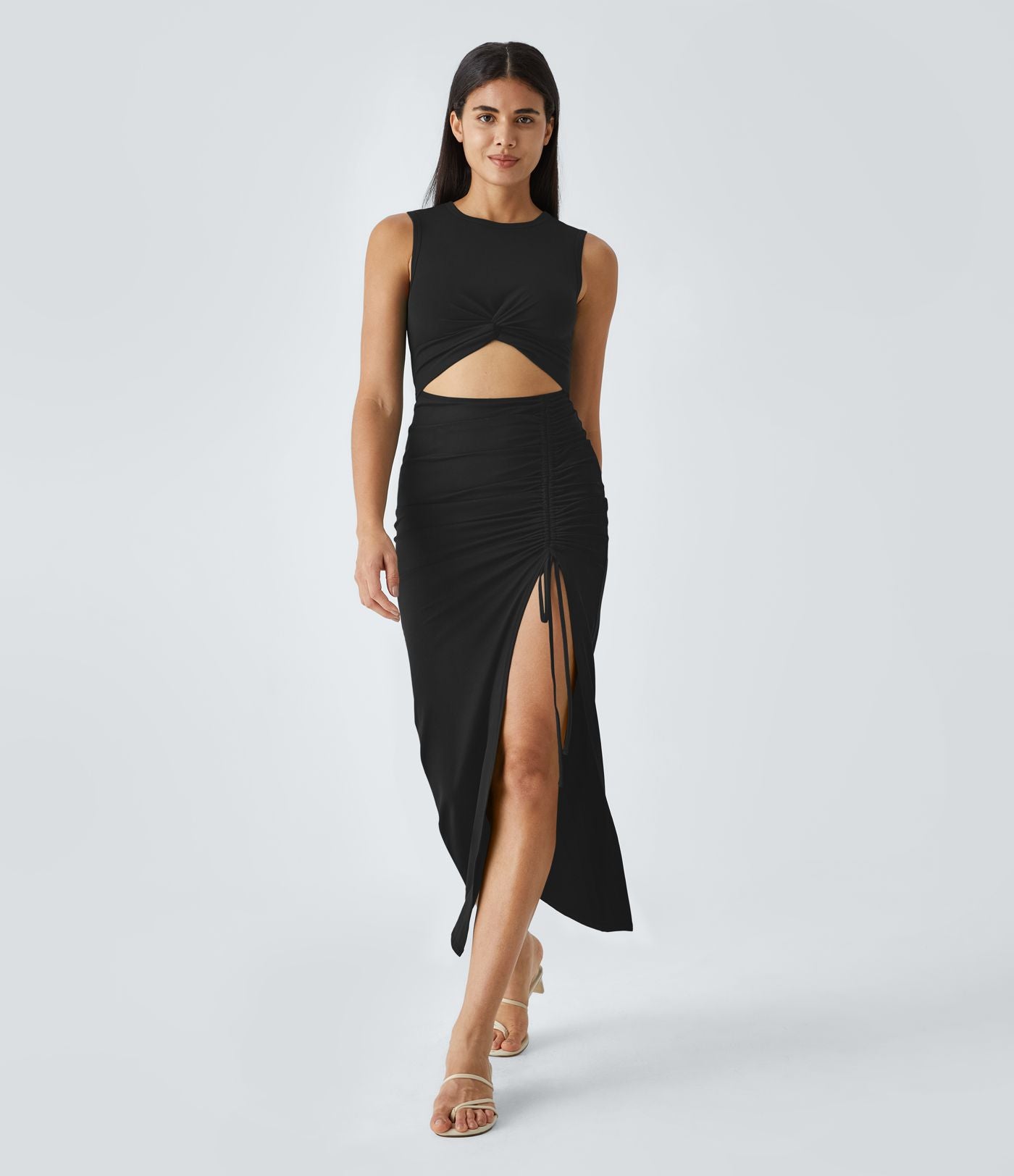 Robe Midi Casual Moulante  Ourlet Fendu Col Rond Découpes Torsadées Froncée Cordon Serrage