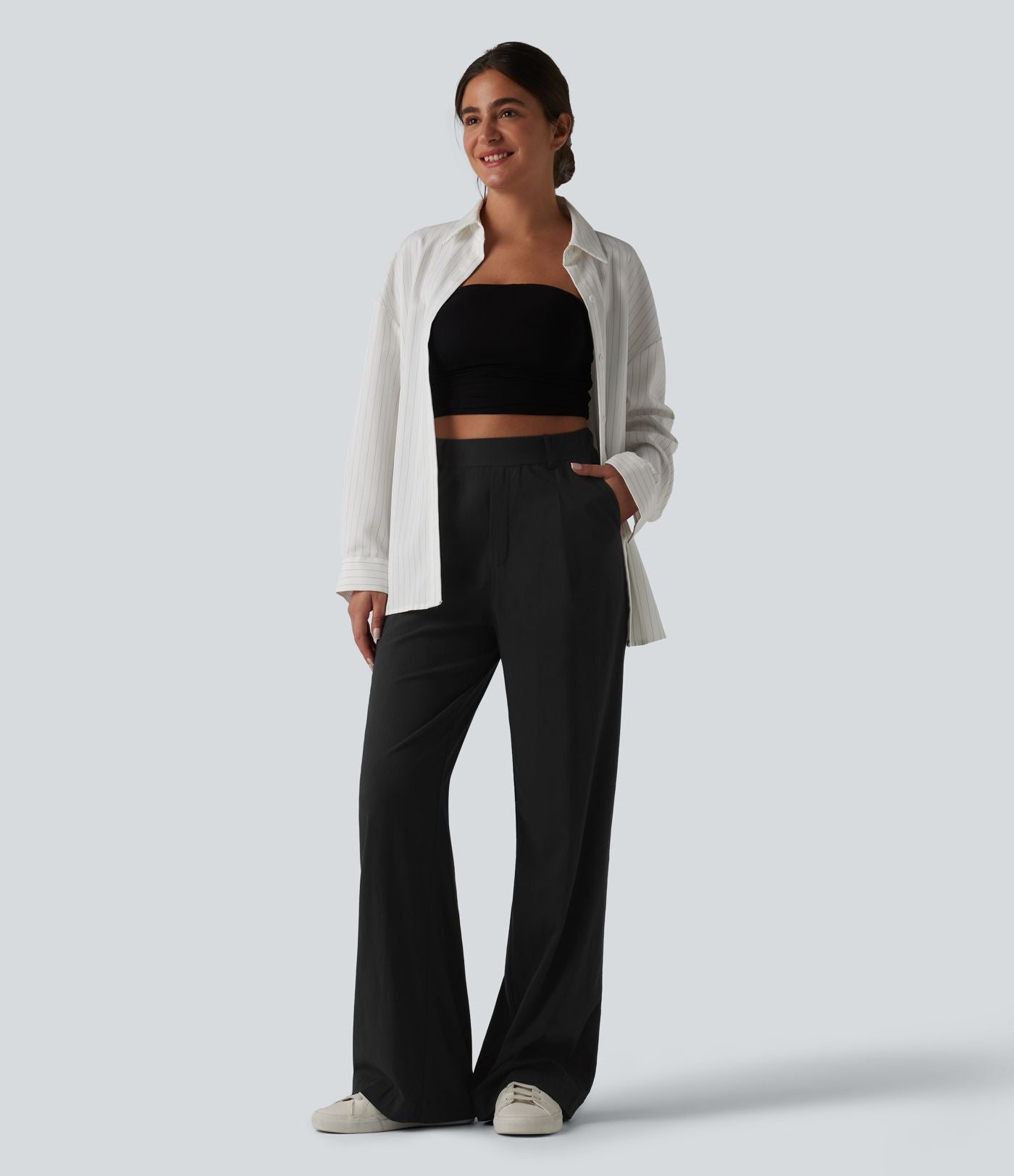 Pantalon taille haute casual en lin stretch coupe droite avec poches