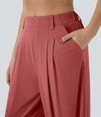 Breezeful™ Pantalon Large Fluide Taille Haute Poches Latérales Palazzo Solide Casual Linen-Feel