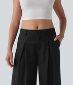 Pantalon ample décontracté en lyocell et lin mélangé, taille mi-haute, plissé, avec poches