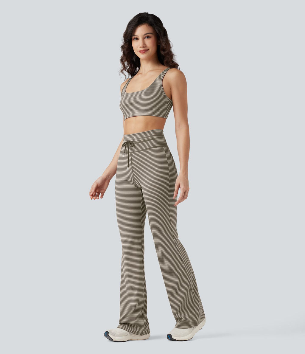 Pantalon de yoga évasé à rayures, taille haute, cordon et poches
