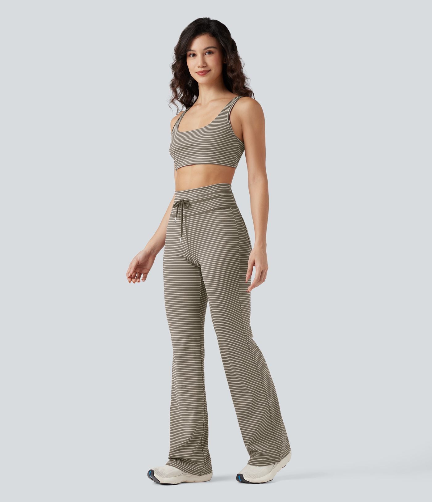 Pantalon de yoga évasé à rayures, taille haute, cordon et poches