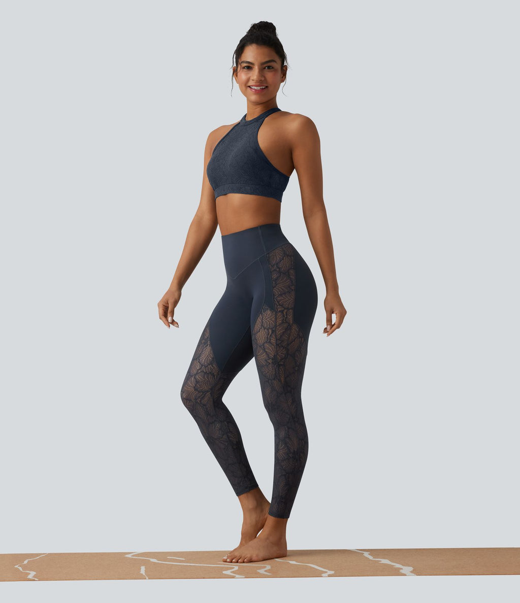 Legging yoga 7/8 Halara UltraSculpt™ gainant taille haute avec dentelle contrastante et poche