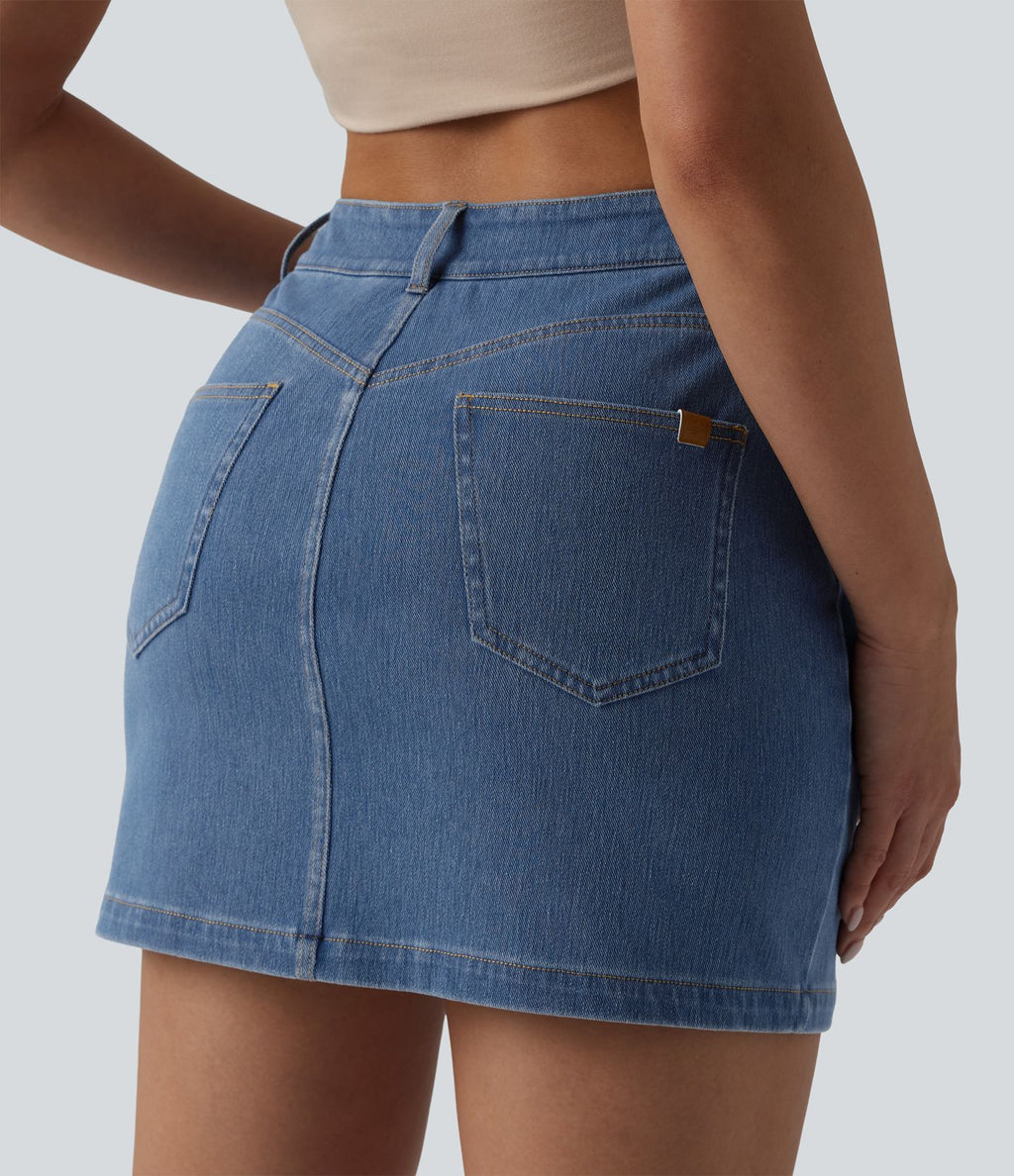 Jupe mini moulante décontractée Halara Flex™ en denim taille haute boutons décoratifs avec poches