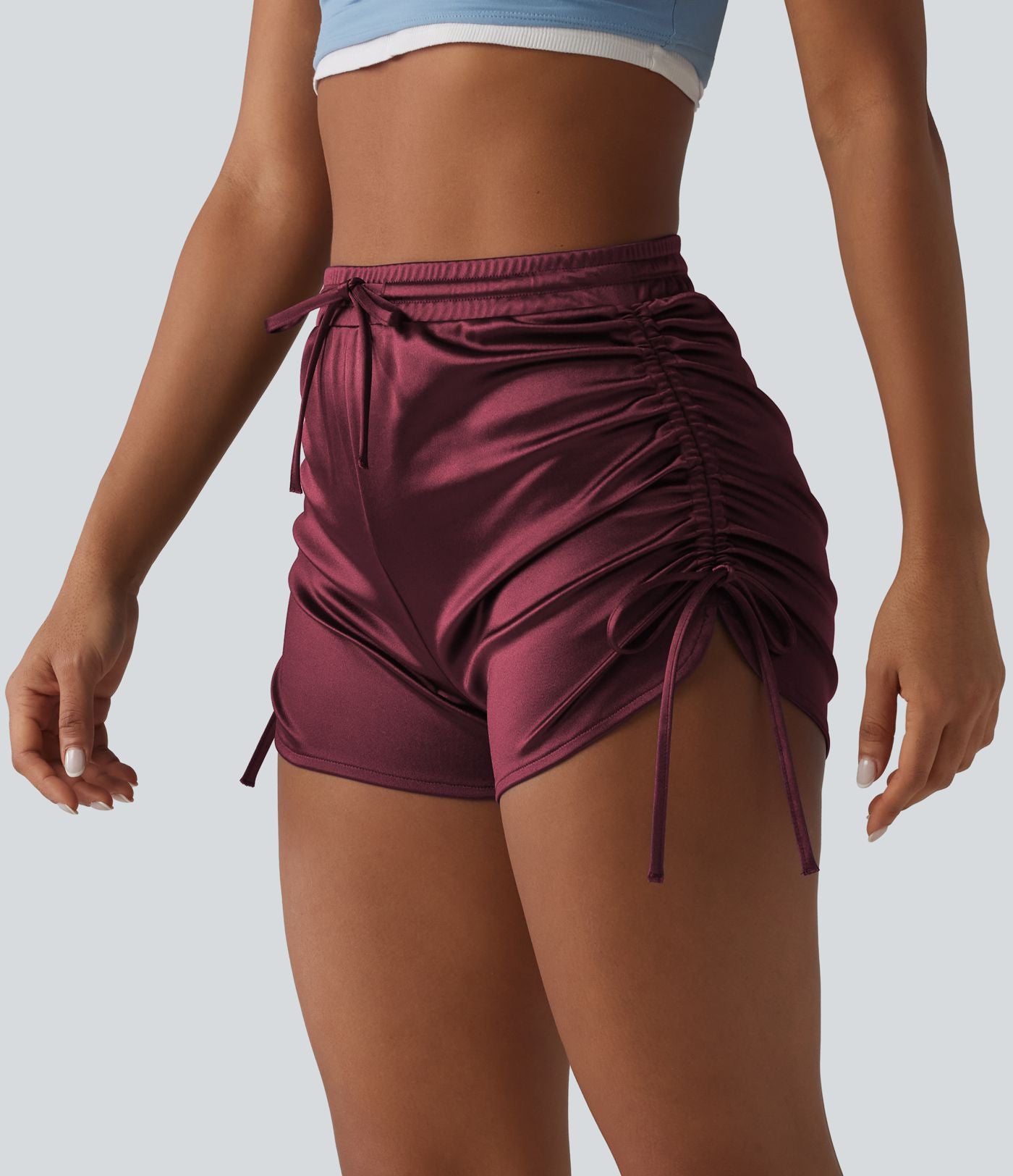 Short décontracté satiné taille haute avec cordon de serrage froncé et poche