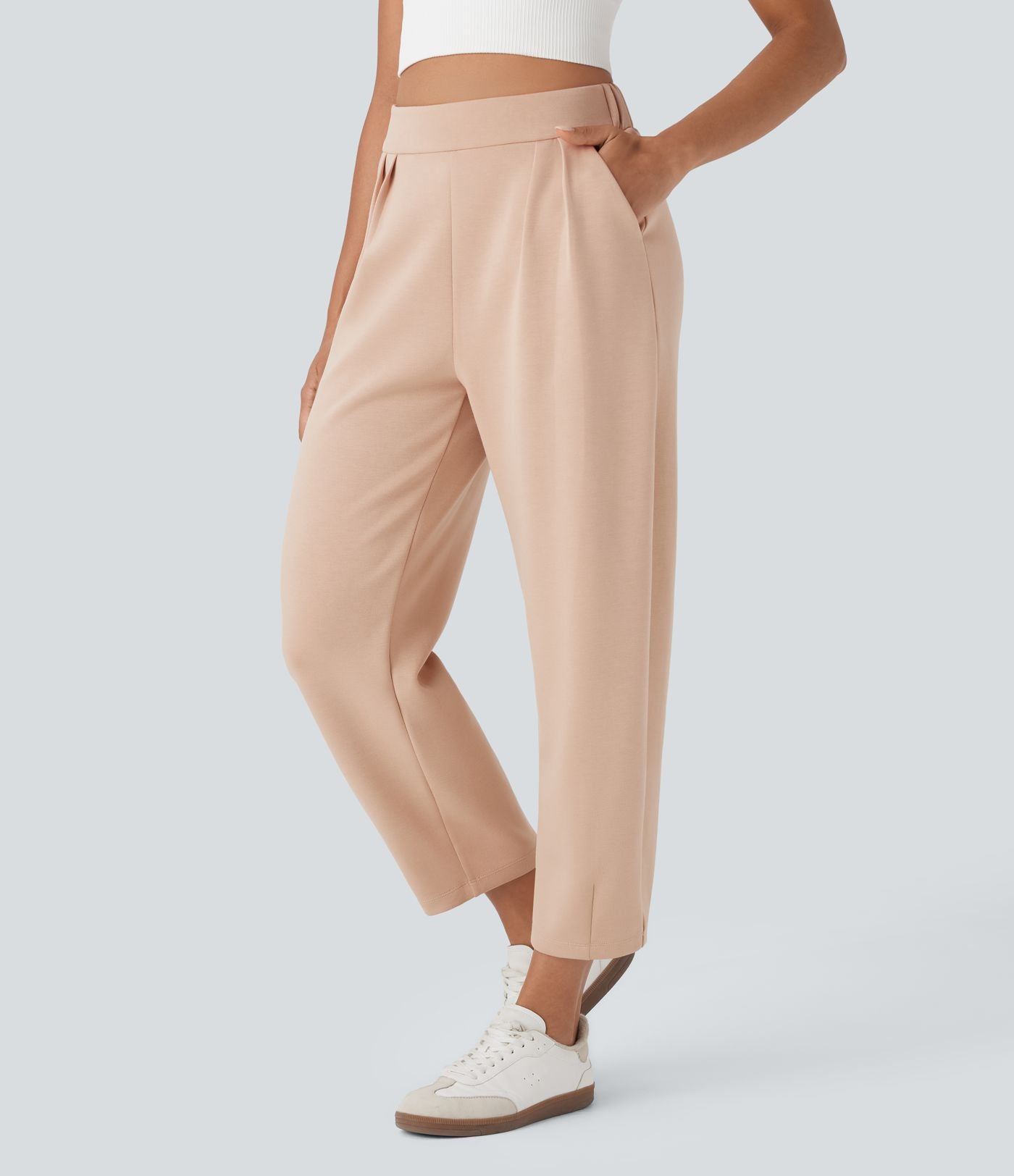 Pantalon décontracté taille haute coupe tonneau avec poches