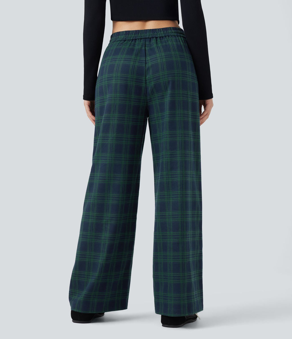 Pantalon baggy taille haute imprimé carreaux avec poches