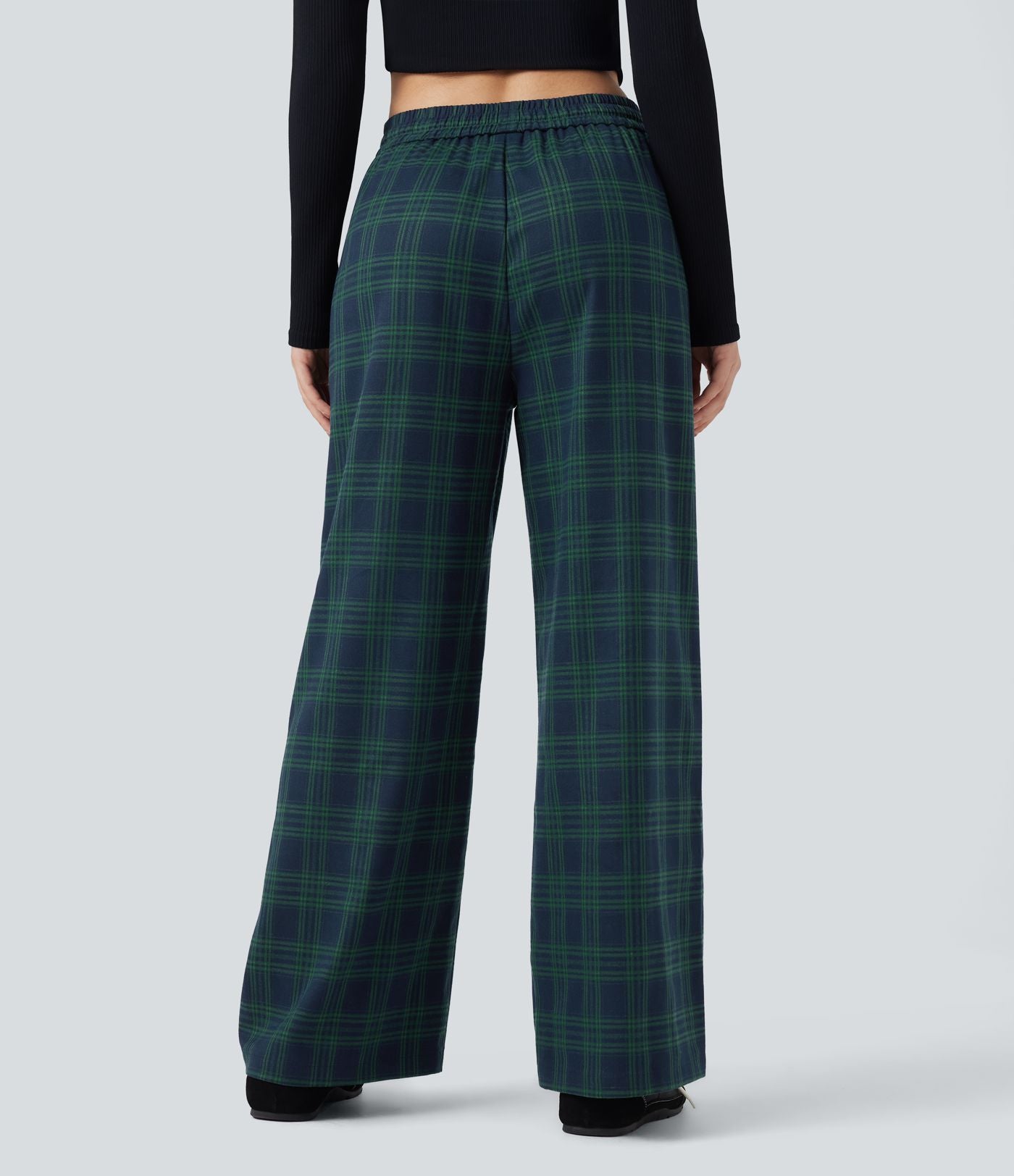 Pantalon baggy taille haute imprimé carreaux avec poches