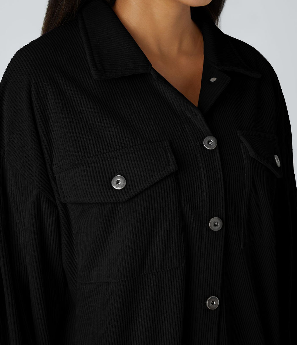 Veste Casual en Velours Côtelé à Col Boutonné Poches et Manches Longues Ourlet Courbé