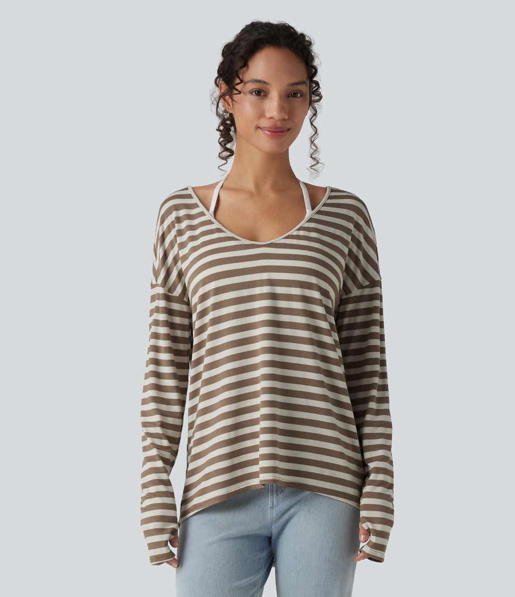 T-shirt ample décolleté plongeant manches longues à rayures et trous pour les pouces - Réversible devant et dos