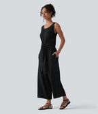 Combinaison casual aspect lin col rond échancré sans manches avec nœud frontal et poches – Easy Peasy