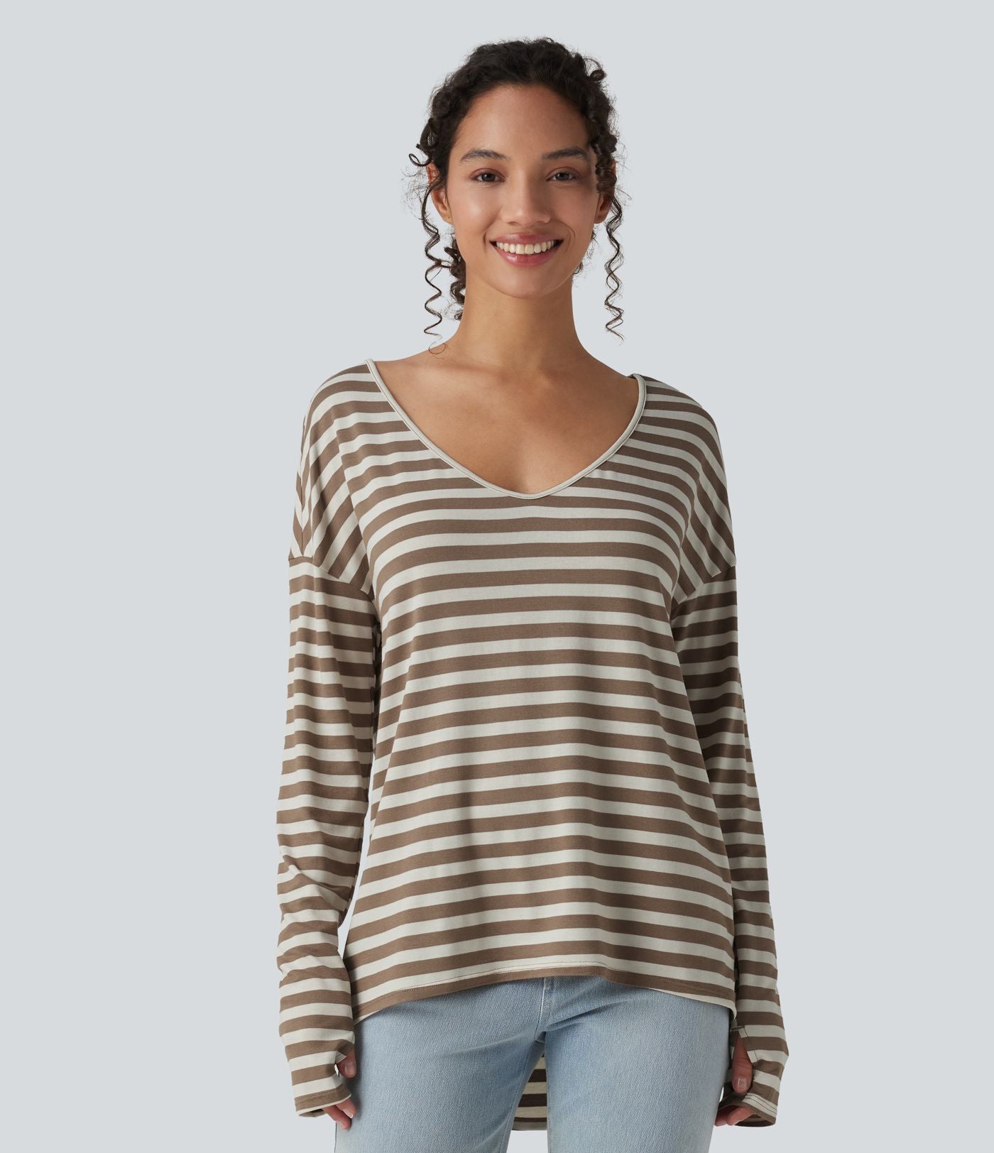 T-shirt ample décolleté plongeant manches longues à rayures et trous pour les pouces - Réversible devant et dos