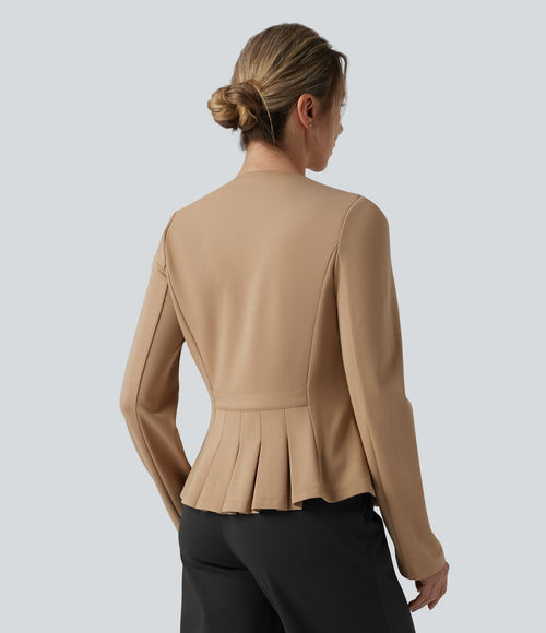 Blazer de travail col rond boutons décoratifs ourlet plissé