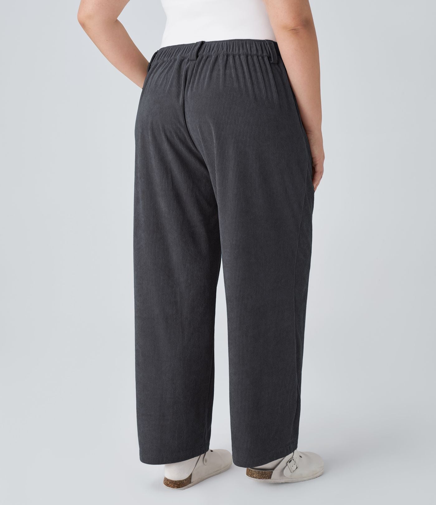Pantalon Casual Grande Taille Velours Côtelé Taille Mi-haute Boutonnés Fermeture Éclair Poches Latérales