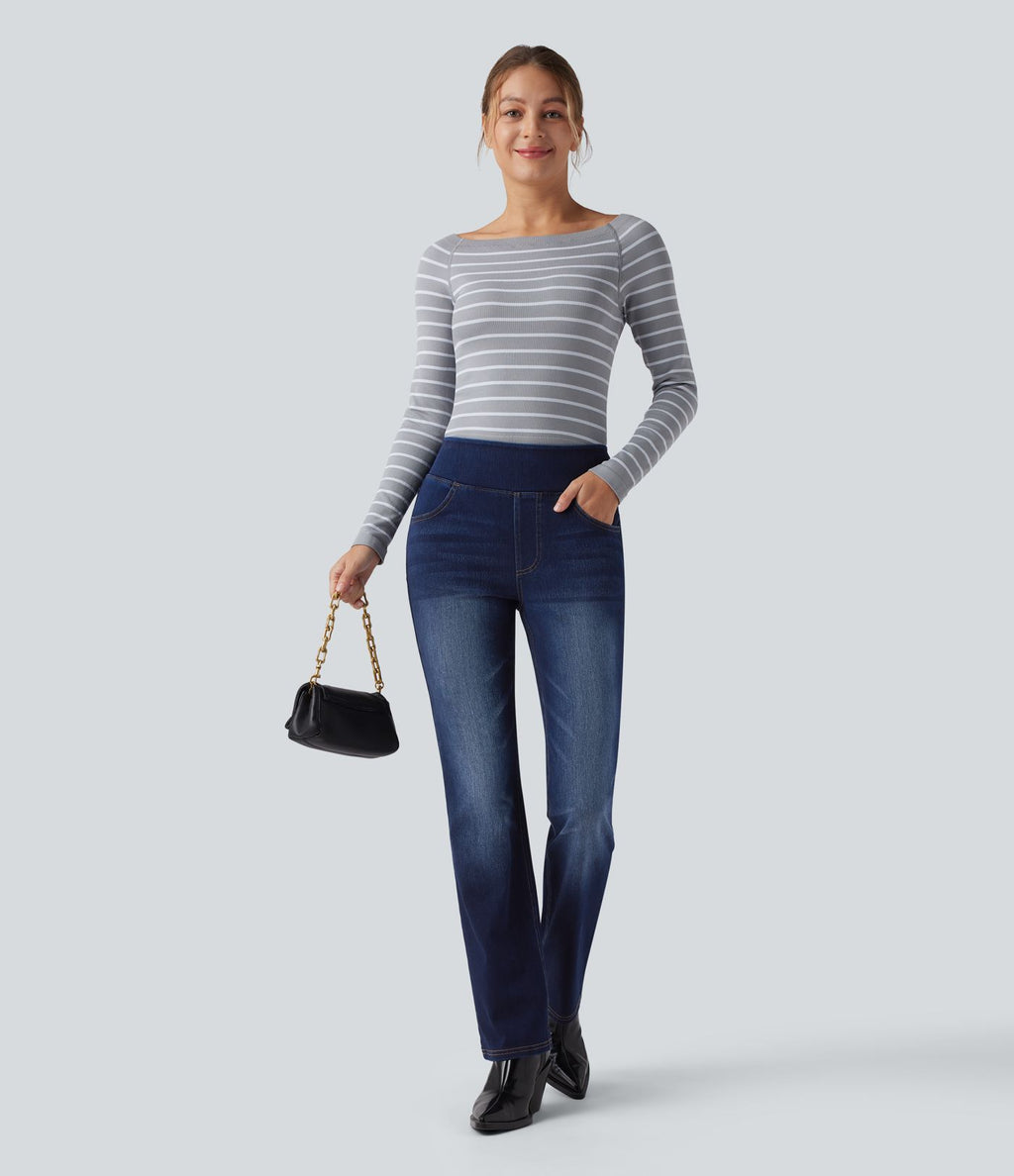Halara Flex™ Jean bootcut décontracté extensible délavé taille haute à poches multiples