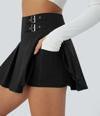 Jupe Danse Mini en A-Line Plissée 2 en 1 Taille Haute Fermeture Éclair Invisible Boucle Décorative Poches Latérale