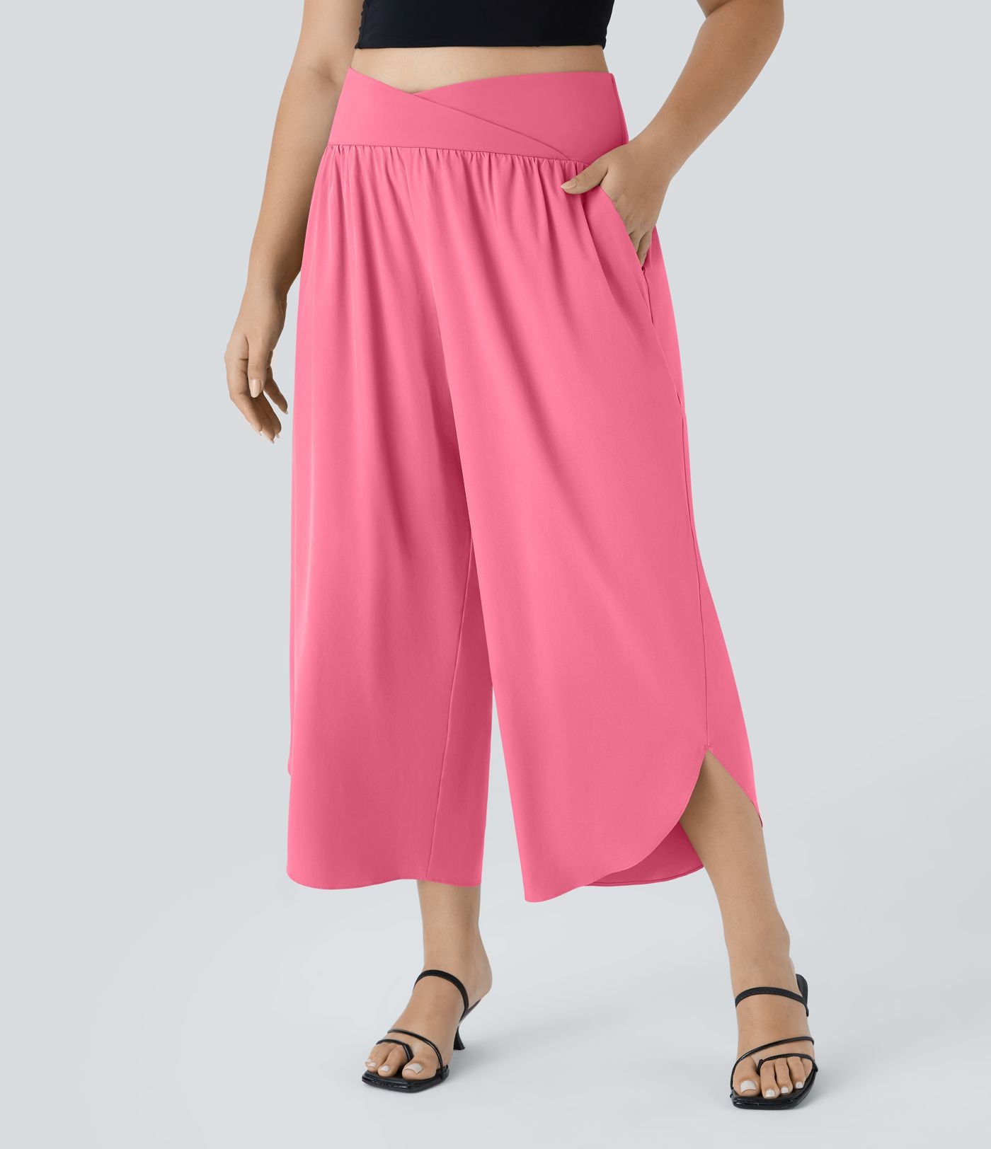 Breezeful™ Pantalon de Vacances Grande Taille Taille Haute avec Découpe Croisée Plissé Poche Latérale Fente et Séchage Rapide