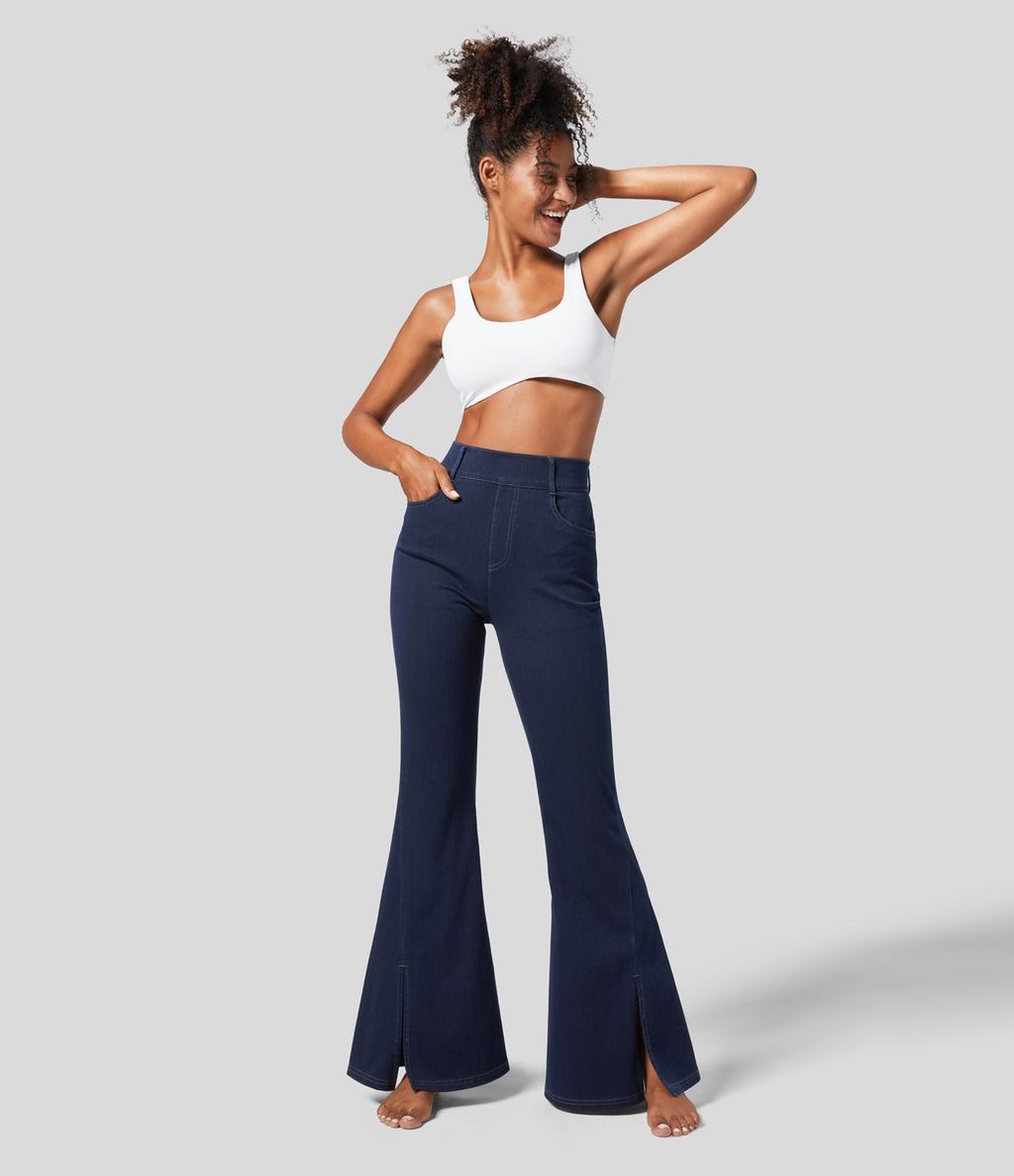 Halara Flex™ Jean Évasé Causal Tricot Extensible Taille Haute avec Poches Latérales Ourlet Fendu