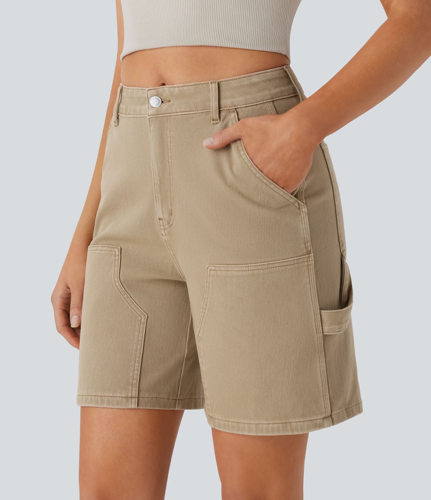 Short bermuda décontracté en denim extensible lavé Halara Flex™ taille mi-haute avec poches multiples