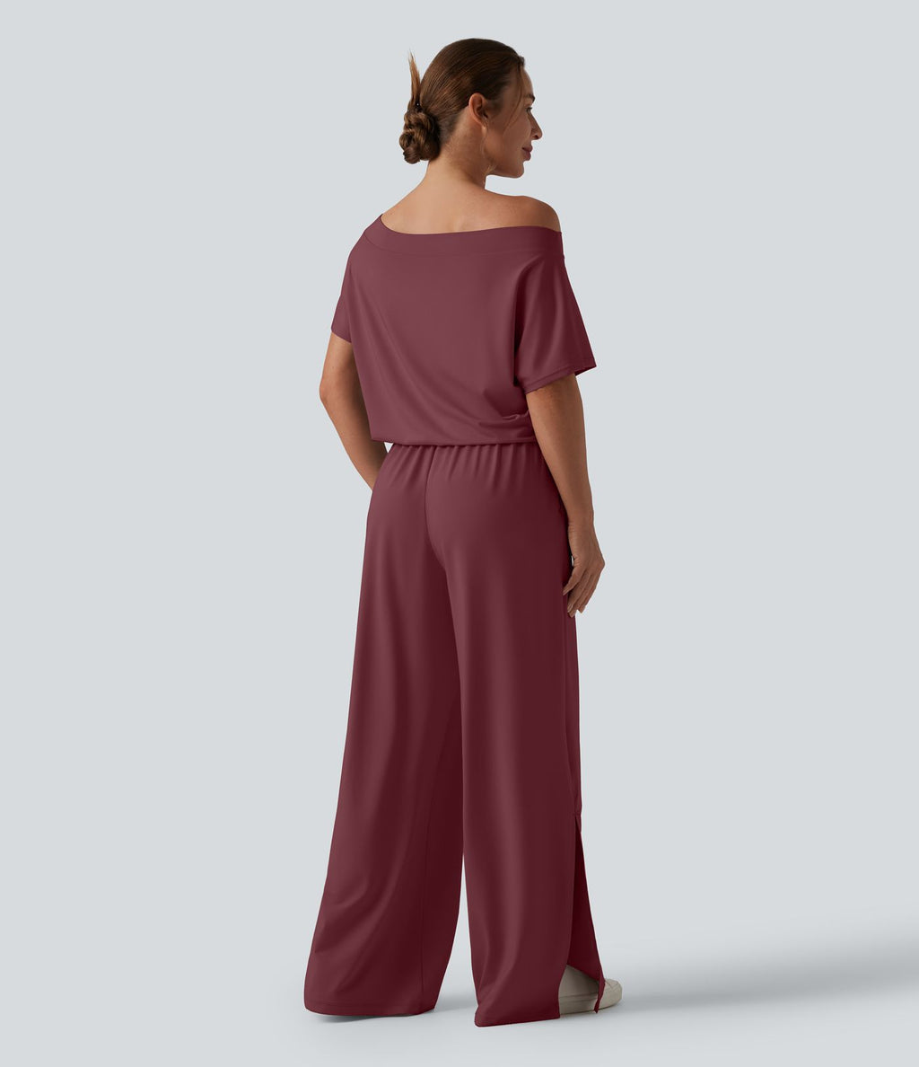 Combinaison casual asymétrique manches courtes avec poches et fente - Easy Peasy
