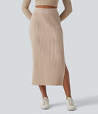 Jupe midi casual en maille taille haute