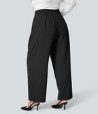 Pantalon Tailleur Droite Taille Haute Boutonnés Fermeture Éclair Plissé Poches Latérales Froncé Grande Taille