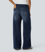 Halara Flex™ Jean Large Casual Taille Basse avec Boutons Zip Multiples Poches Lavés Élastiques et Tricotés