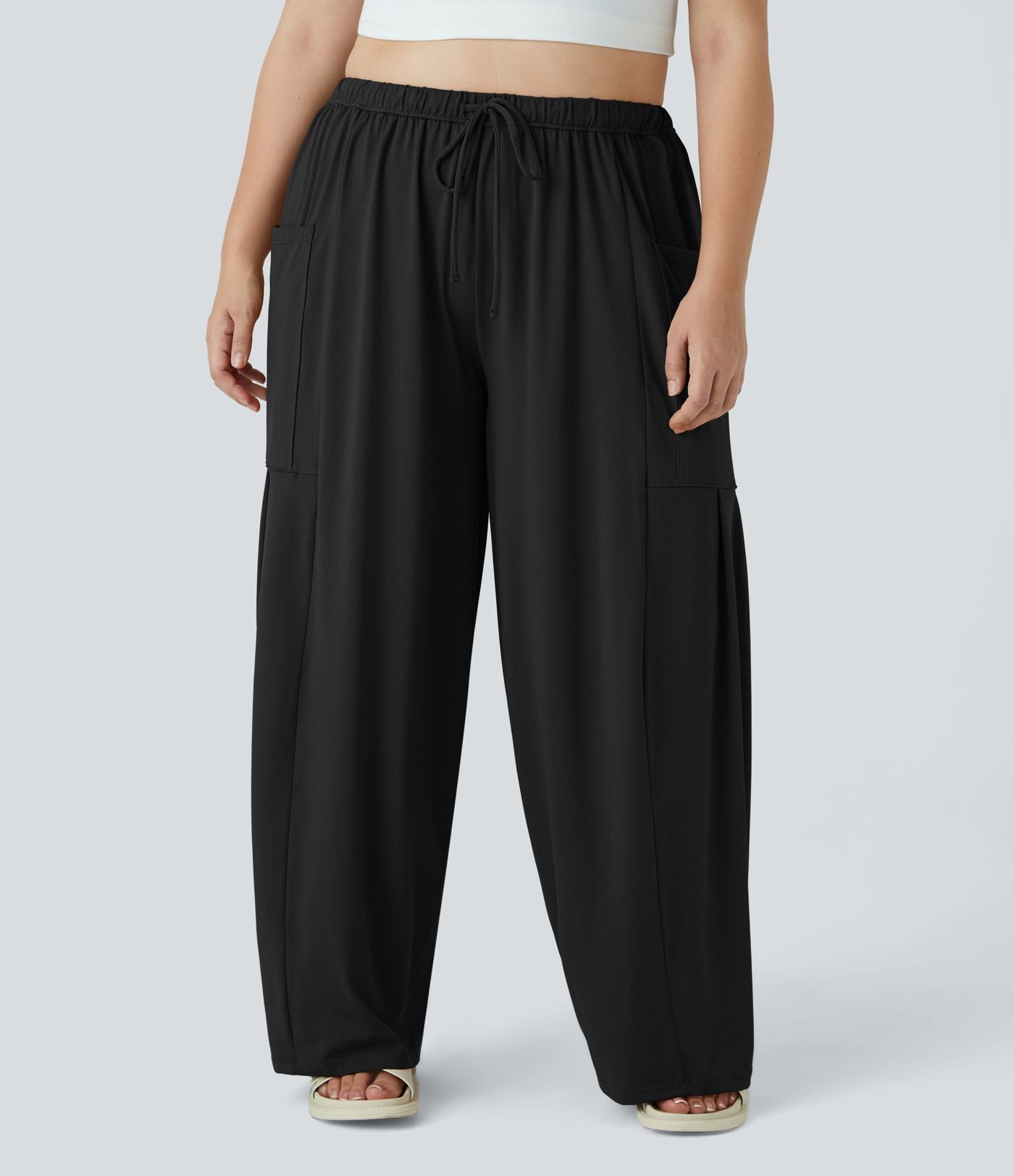 Pantalon Large Casual Taille Mi-Haute Taille Élastique Cordon Poches Latérales Ourlet Flottant Grande Taille