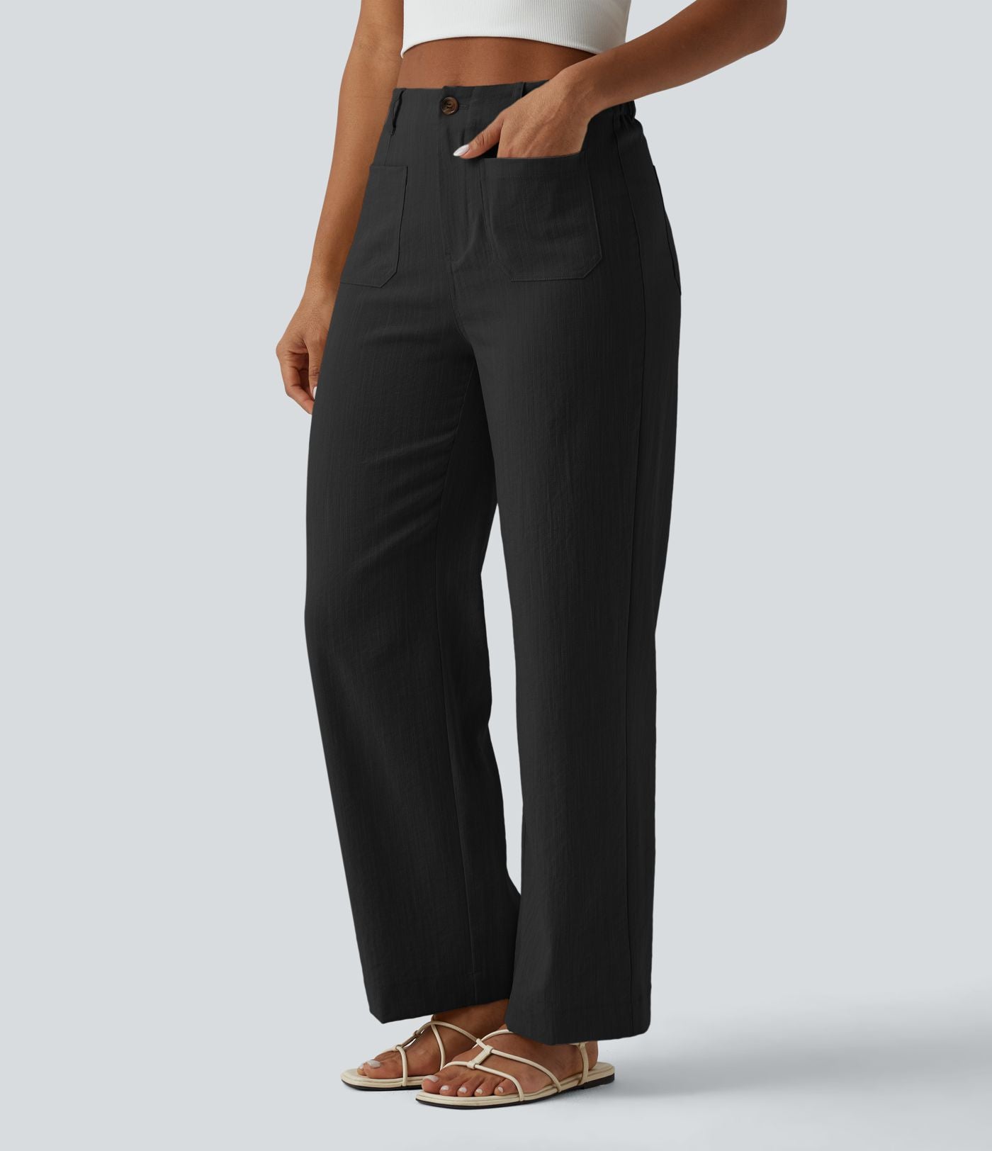 Pantalon taille haute coupe droite effet lin avec poches