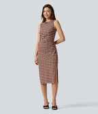 Robe midi moulante Halara UltraSculpt™ motif tartan, encolure bateau et sans manches