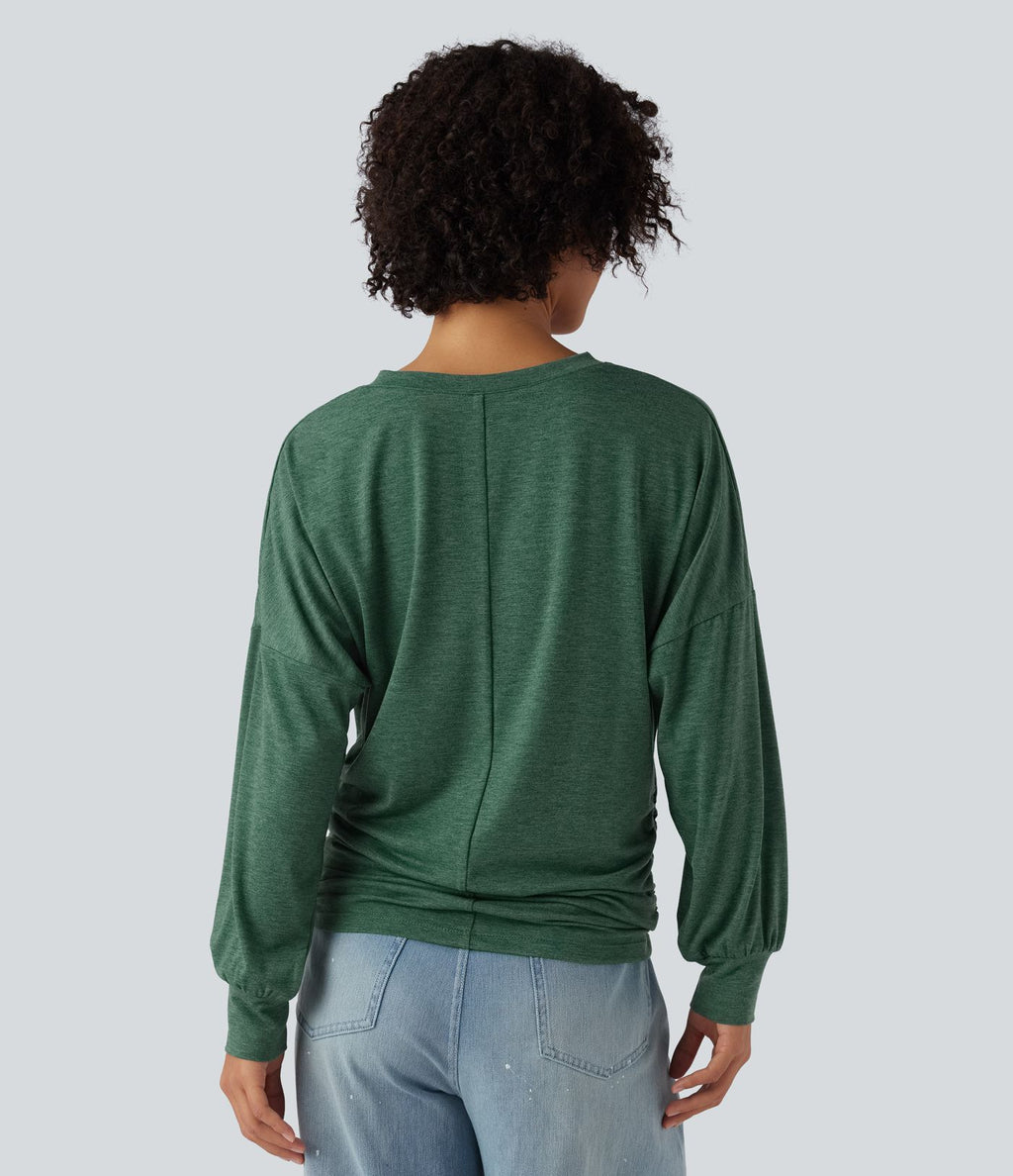 T-shirt décontracté à col V, manches longues et fronces, coupe ample