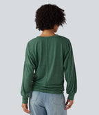T-shirt décontracté à col V, manches longues et fronces, coupe ample