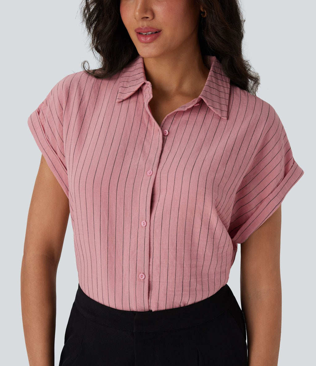 Chemise à col, manches courtes, rayures, boutonnage et aspect lin pour le travail