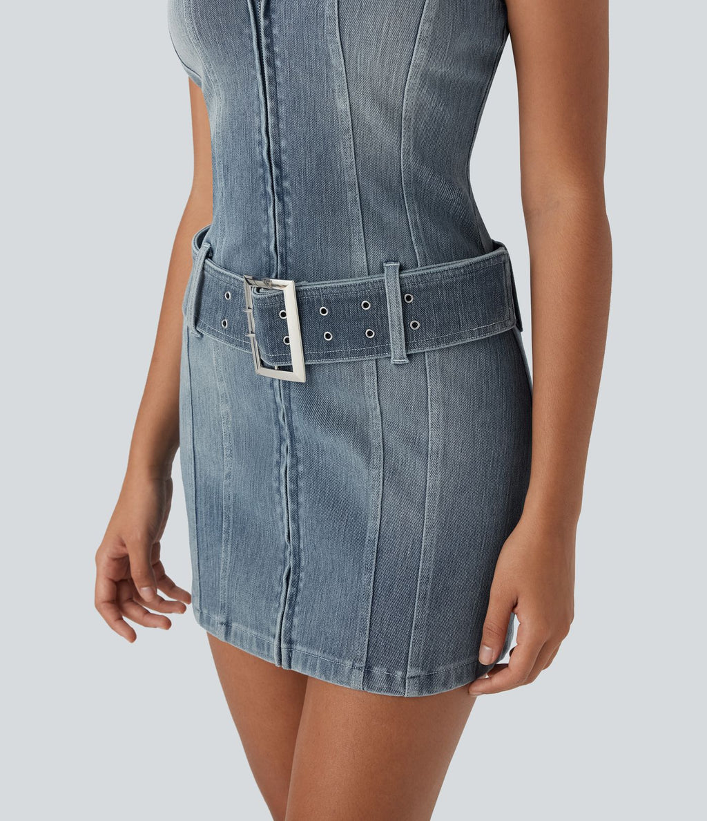 Mini-robe décontractée moulante Halara Flex™ en denim stretch lavé avec dos nu, col licou, fermeture éclair et ceinture