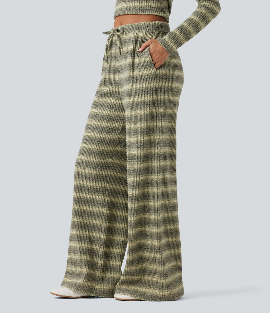 Pantalon large gaufré taille mi-haute avec cordon de serrage, rayures dégradées et poches