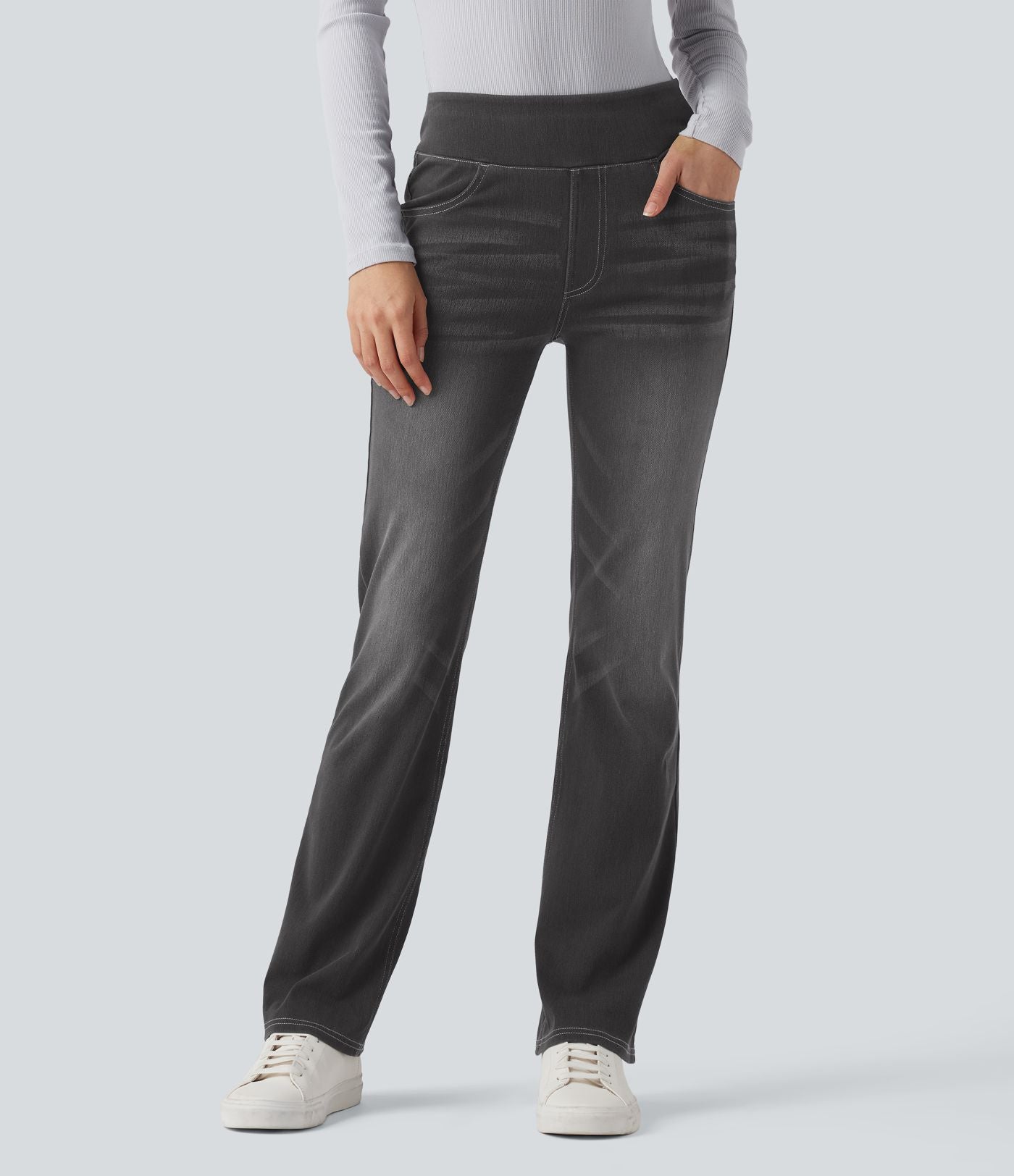 Halara Flex™ Jean bootcut décontracté extensible délavé taille haute à poches multiples