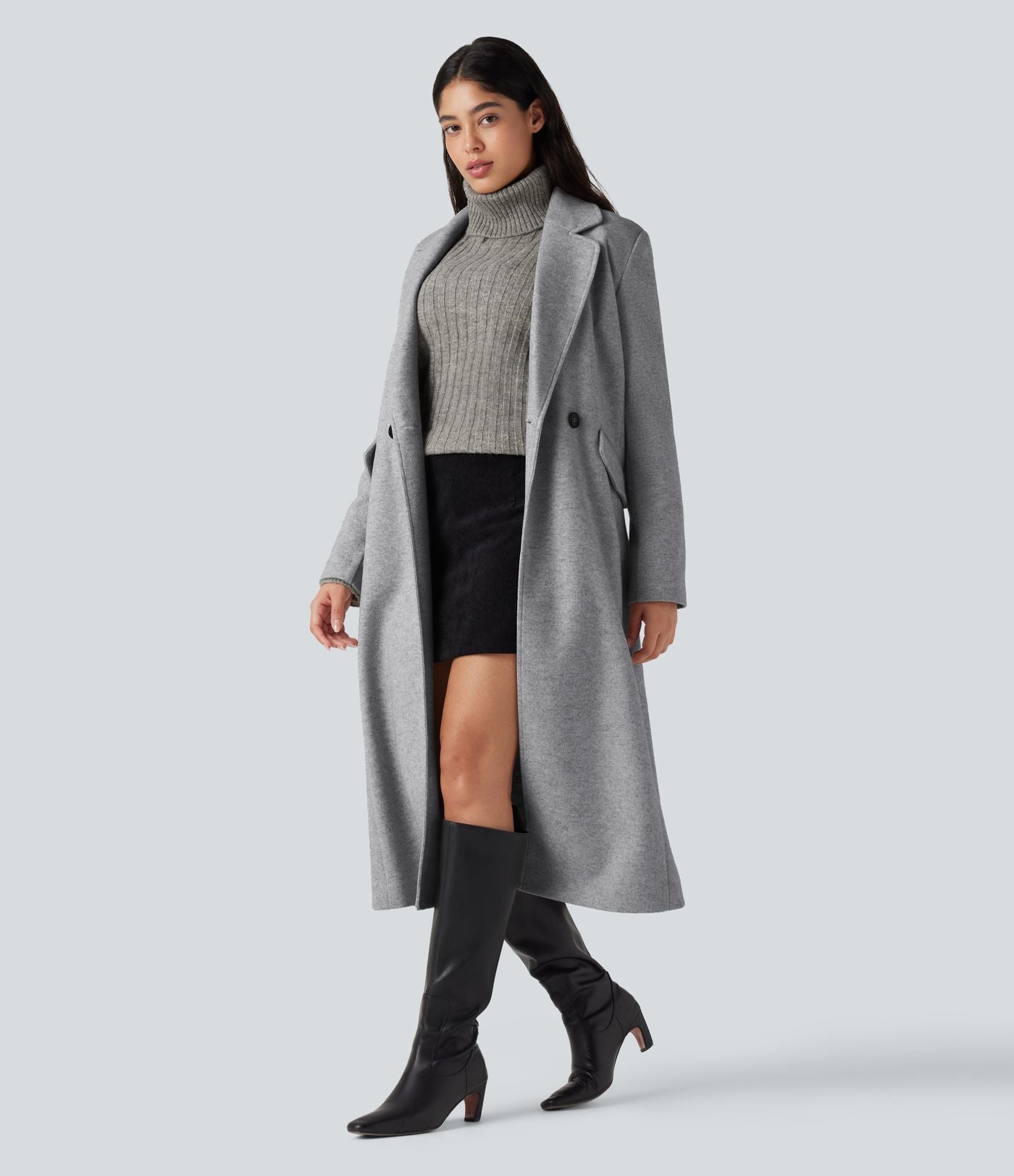 Manteau long polaire col cranté manches longues avec poches