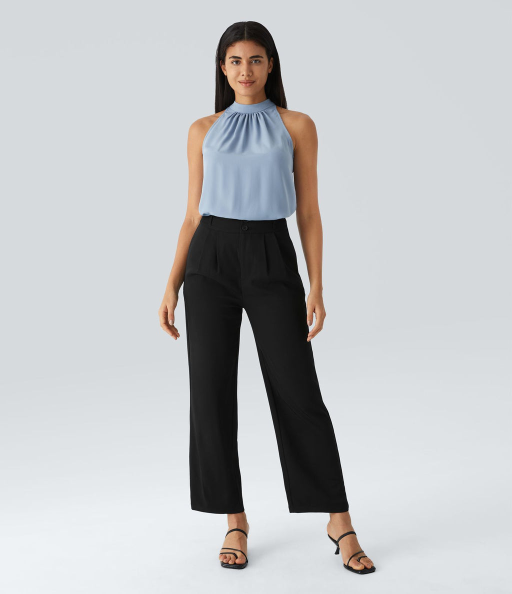Blouse Travail Sans Manches Ourlet Courbé Col Haut Découpe au Dos Plis