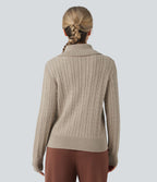 Pull laine mélangée col tailleur manches longues torsadé coupe décontractée